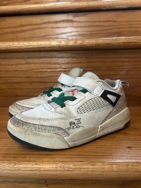 Jordan Spizike Low Kids White Sneakers with Green Laces and Orange Jumpman